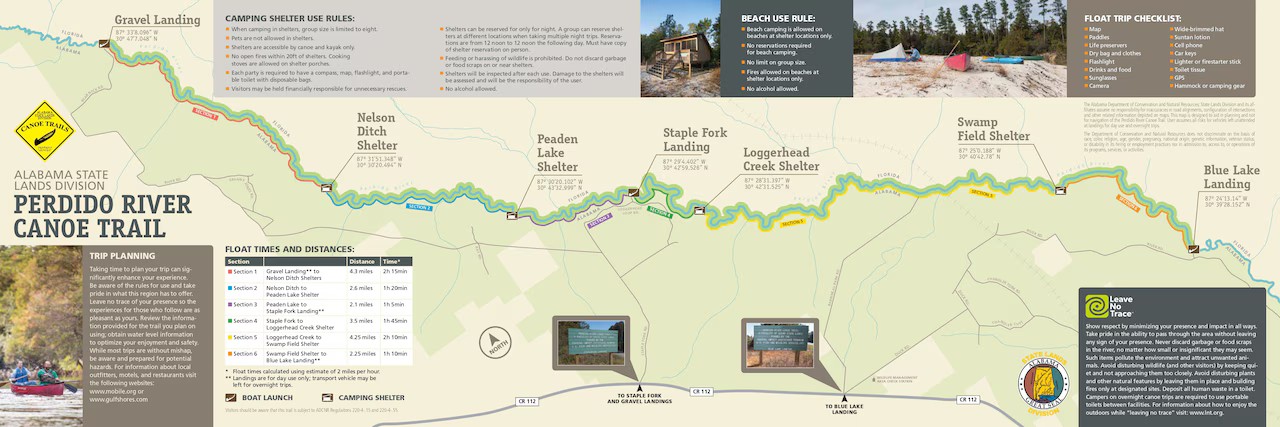 Official Alabama State Lands Perdido River Canoe Trail map showing landings, shelters, float times and distances
